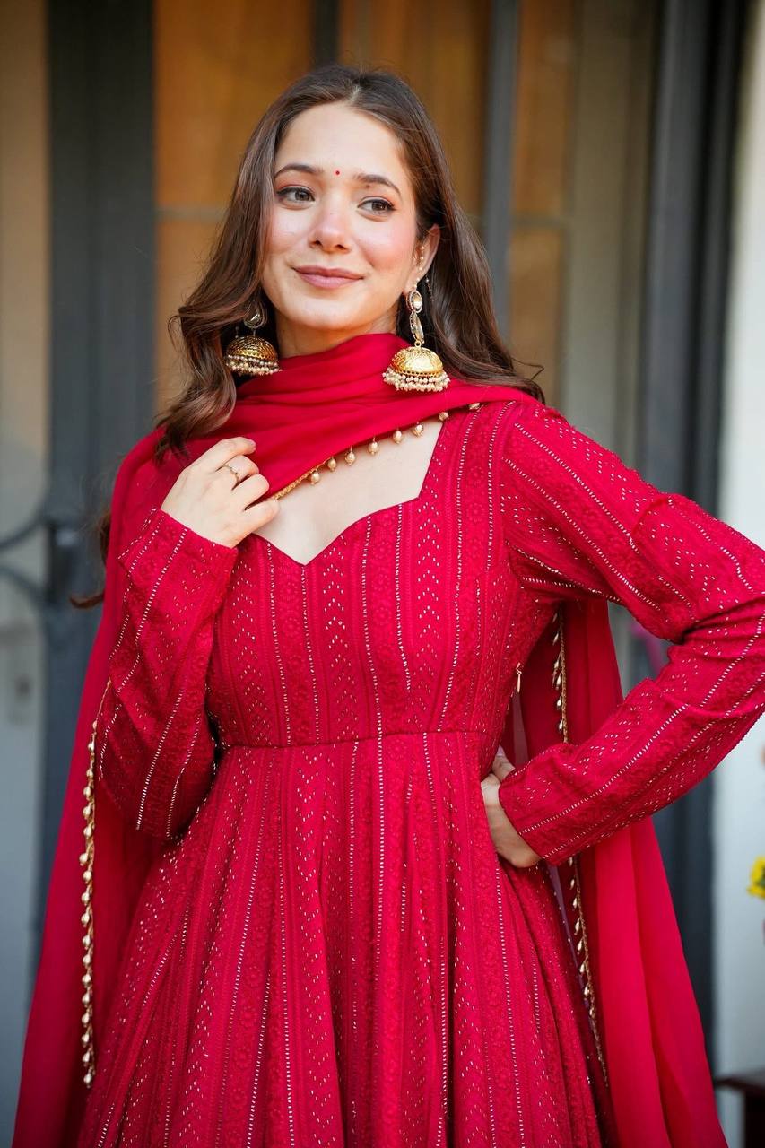 Deep Red Embroidered Anarkali Set with Palazzo and Dupatta