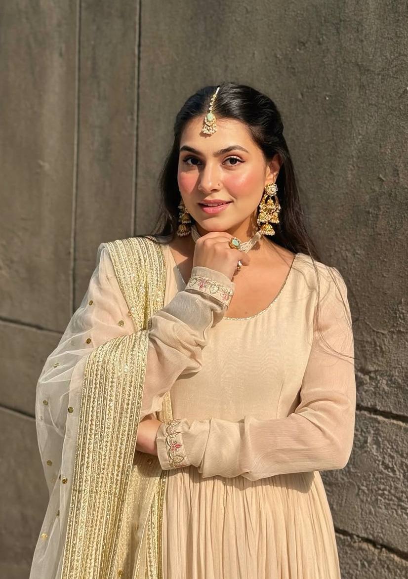 Elegant Ivory Anarkali with Golden Border & Sheer Dupatta