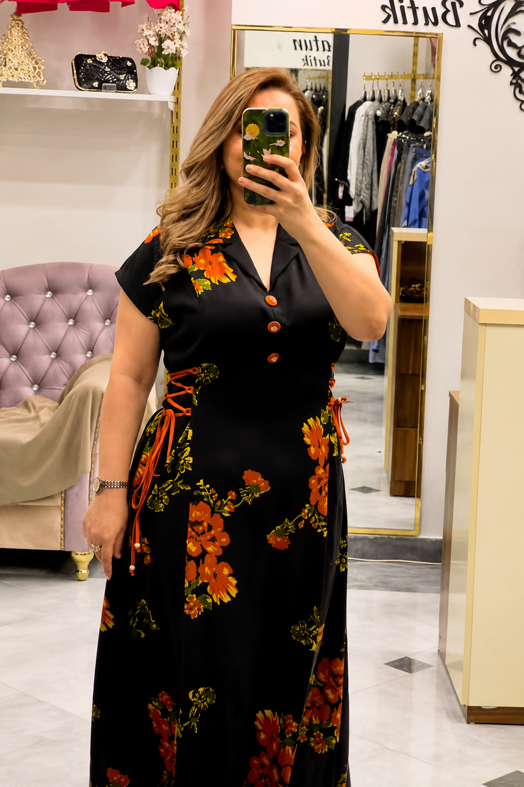 Vintage Floral Lace-Up Waist Maxi Dress