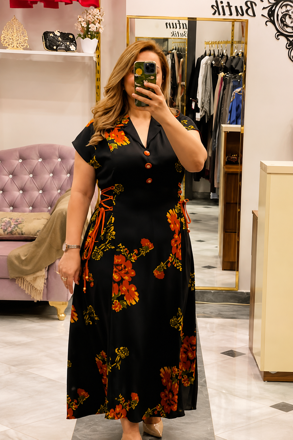Vintage Floral Lace-Up Waist Maxi Dress