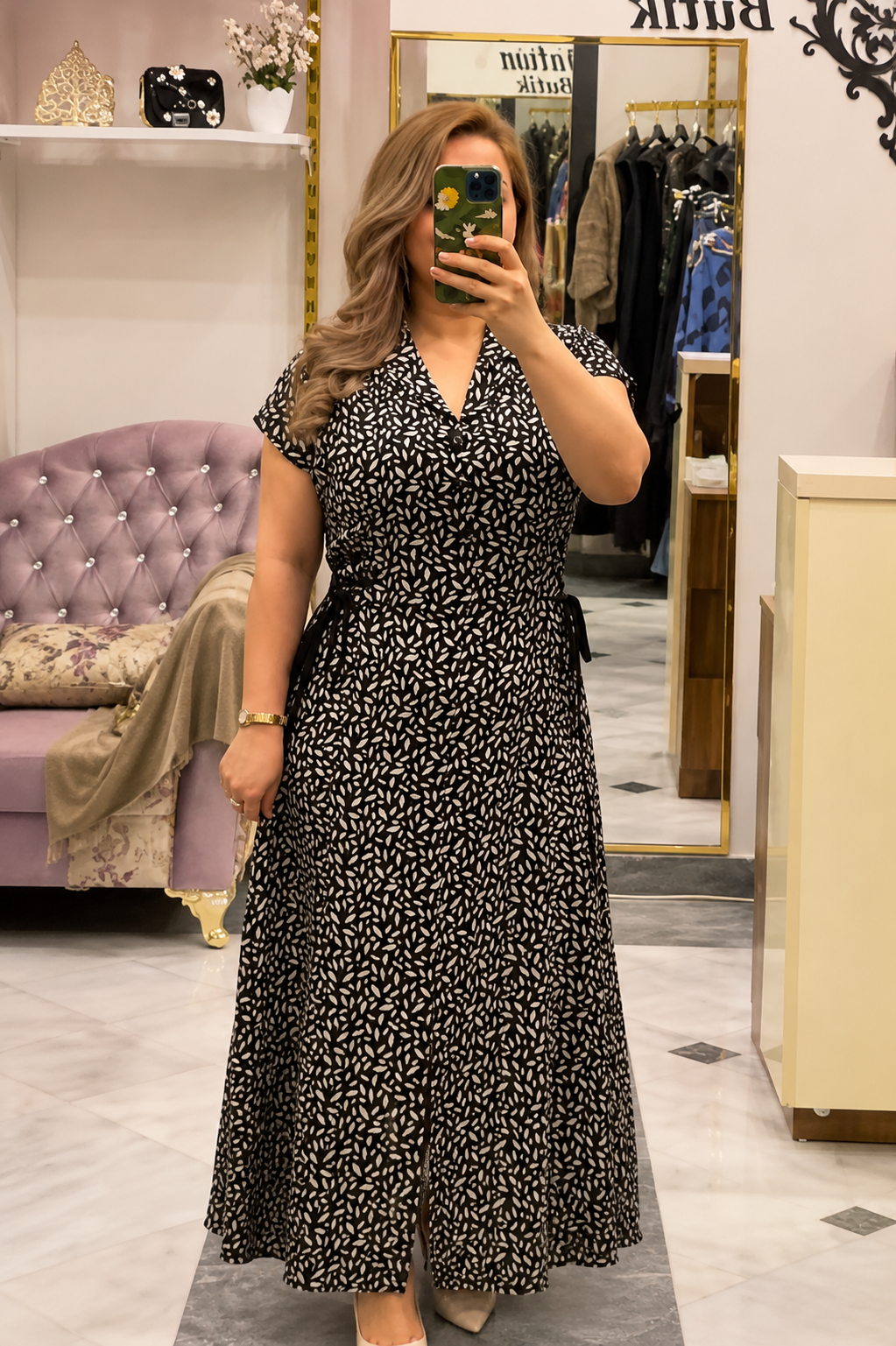Monochrome Leaf Print Wrap Maxi Dress