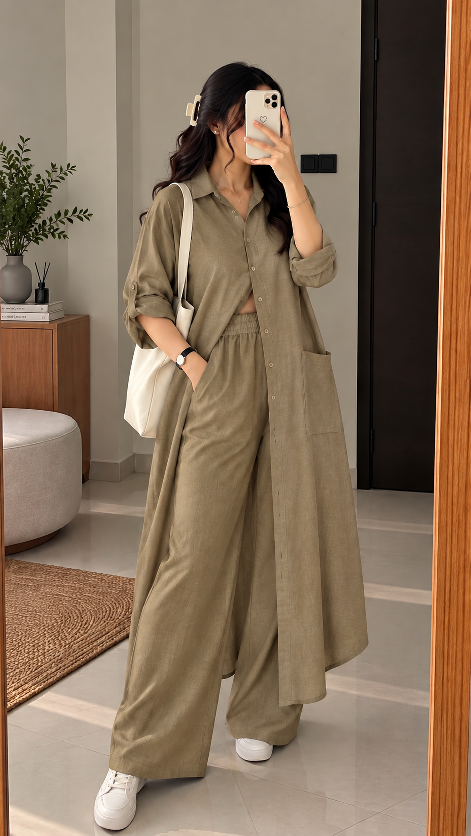 Women's Casual Oversized Long Shirt & Wide-Leg Trousers Co-ord Set with Pockets