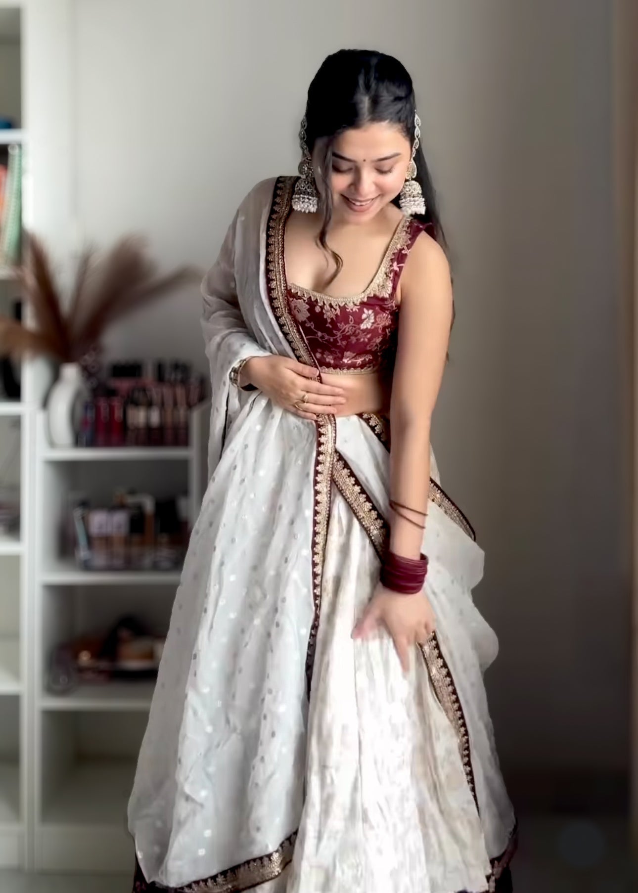 Festive Special White and maroon silk lehenga set