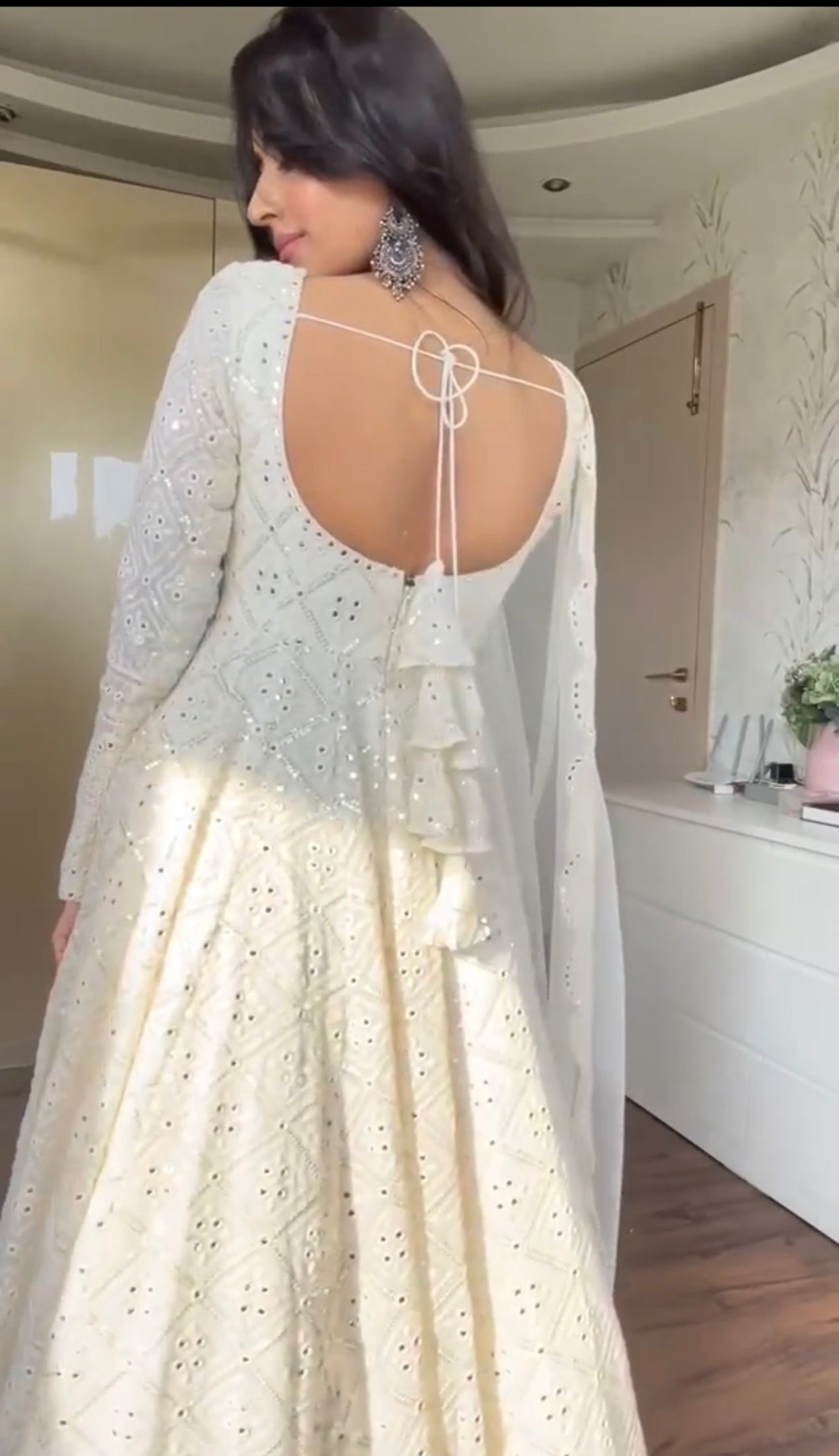 LAKHNAWI EMBROIDERED GEORGETTE ANARKALI FULLY STITCHED SUIT SET WHITE