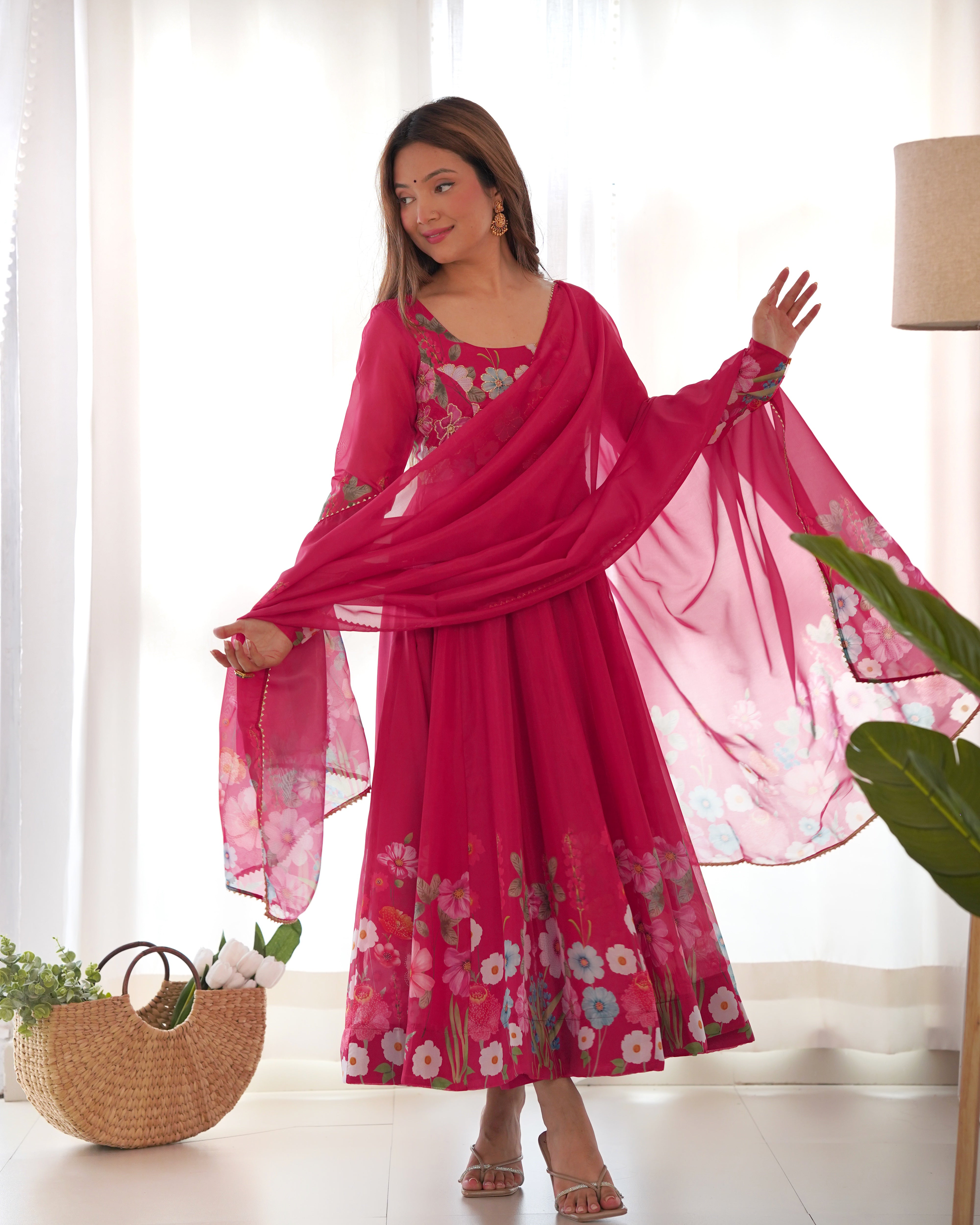 Floral SOFT ORGANJA SILK FABRIC FULLY FLAIR KALI PATTERN AND CANVAS PATTA