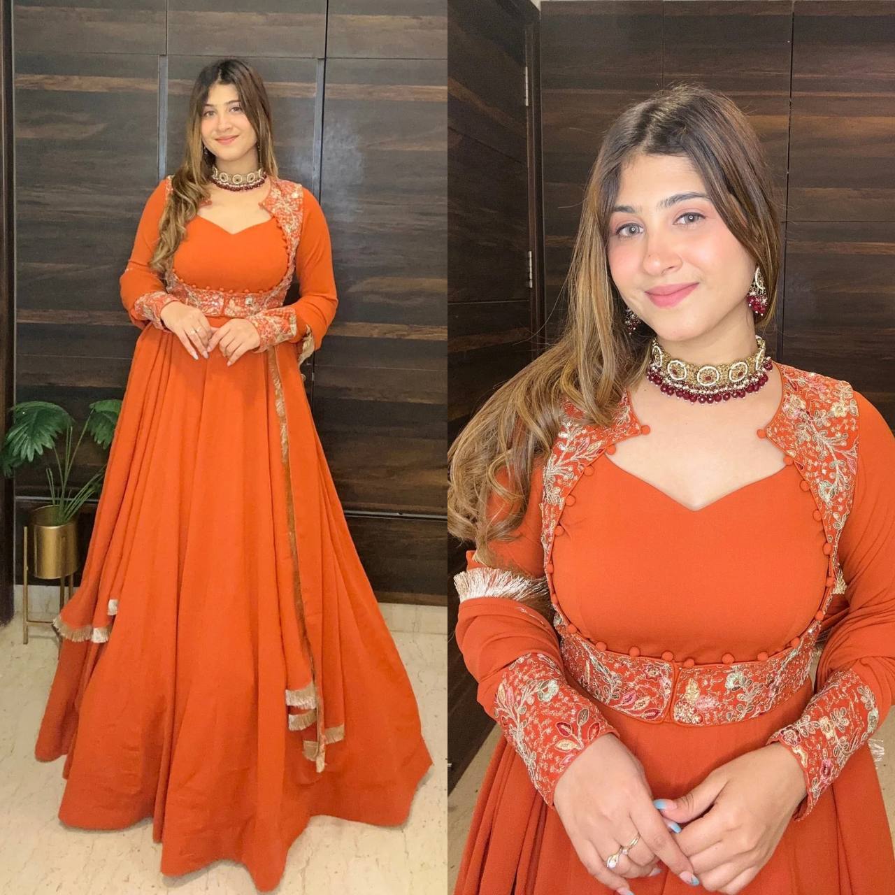 Hand-Embroidered Rust Orange Anarkali Gown for Weddings & Festive Occasions