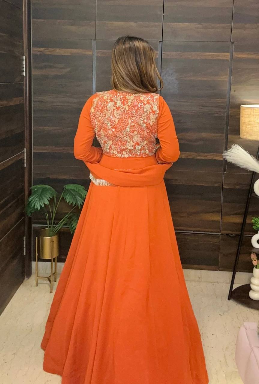 Hand-Embroidered Rust Orange Anarkali Gown for Weddings & Festive Occasions