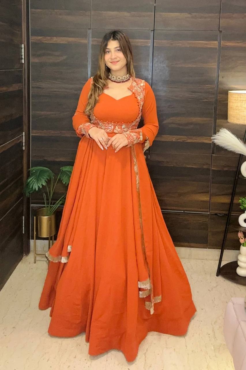 Hand-Embroidered Rust Orange Anarkali Gown for Weddings & Festive Occasions