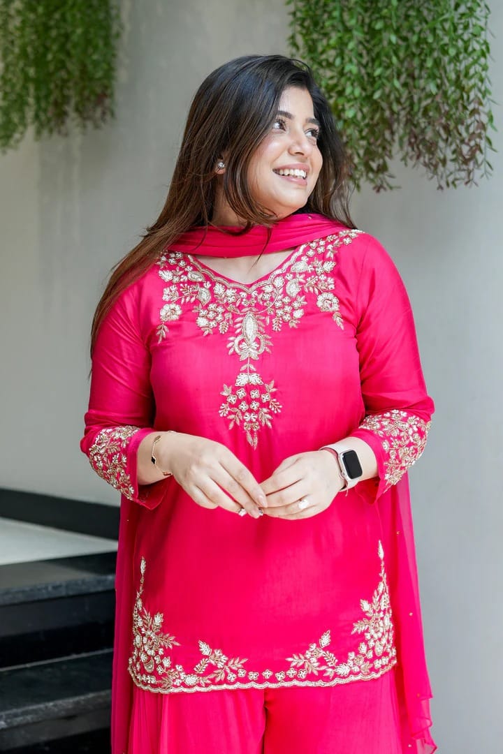 Đěsigner Party Wear Look Pure Mul Chanderi Top Plazzo & Dupatta Set