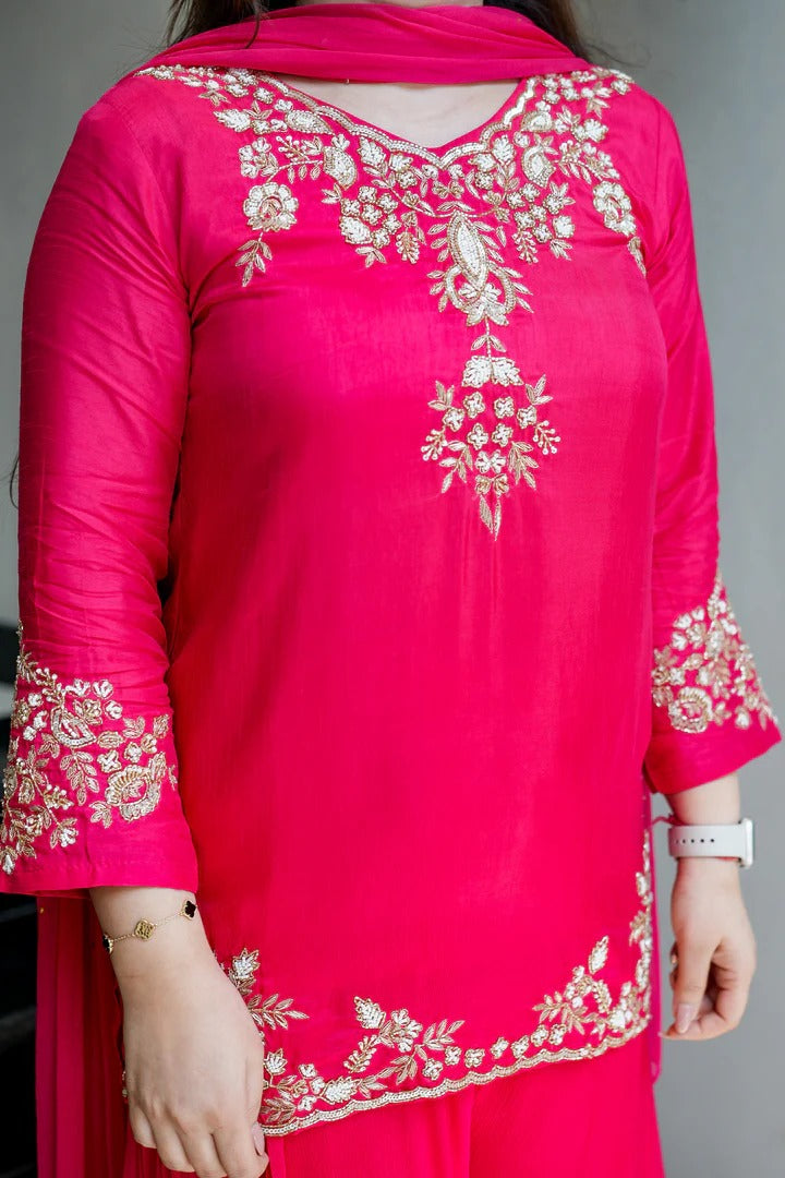 Đěsigner Party Wear Look Pure Mul Chanderi Top Plazzo & Dupatta Set