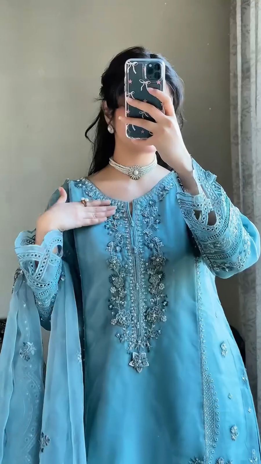 GEORGETTE FABRIC TOP AND PANT WITH DUPATTA IN SEQUENCE EMBROIDERY AND CUT WORK