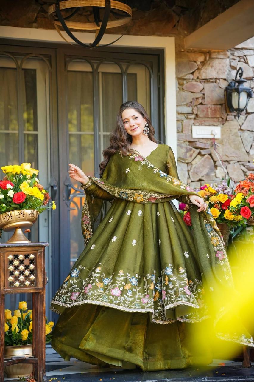 Mehendi Green Floral Embroidered Anarkali Suit