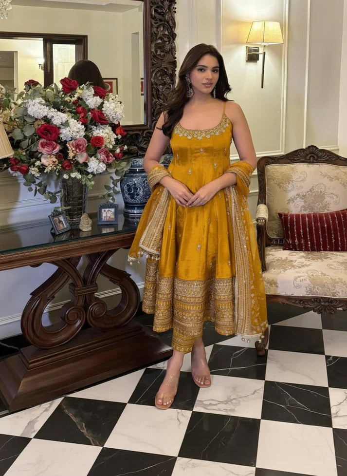 Women’s Designer Embroidered Anarkali Suit Set with Dupatta – Mustard, Navy Blue & Wine