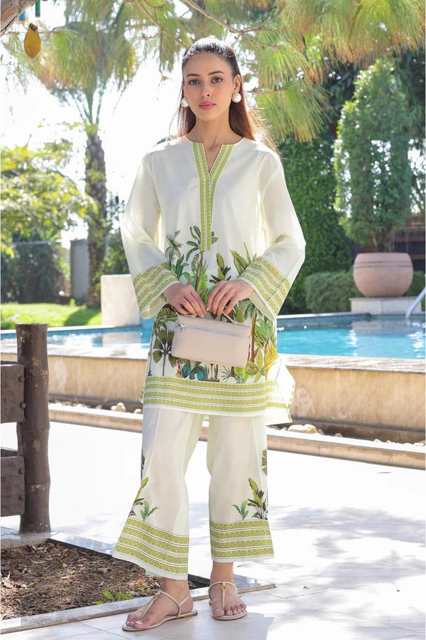 ELEGANT WHITE PRINTED COTTON TWO-PIECE SUIT FOR WOMEN