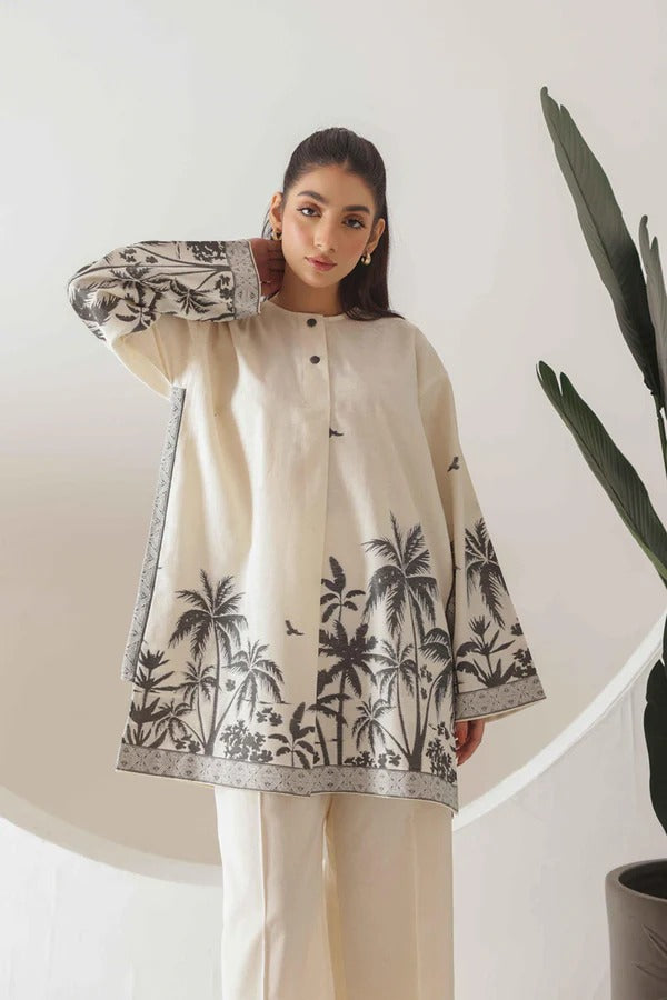 BEIGE AND BLACK PALM TREE PRINTED TWO-PIECE CASUAL SUIT FOR WOMEN