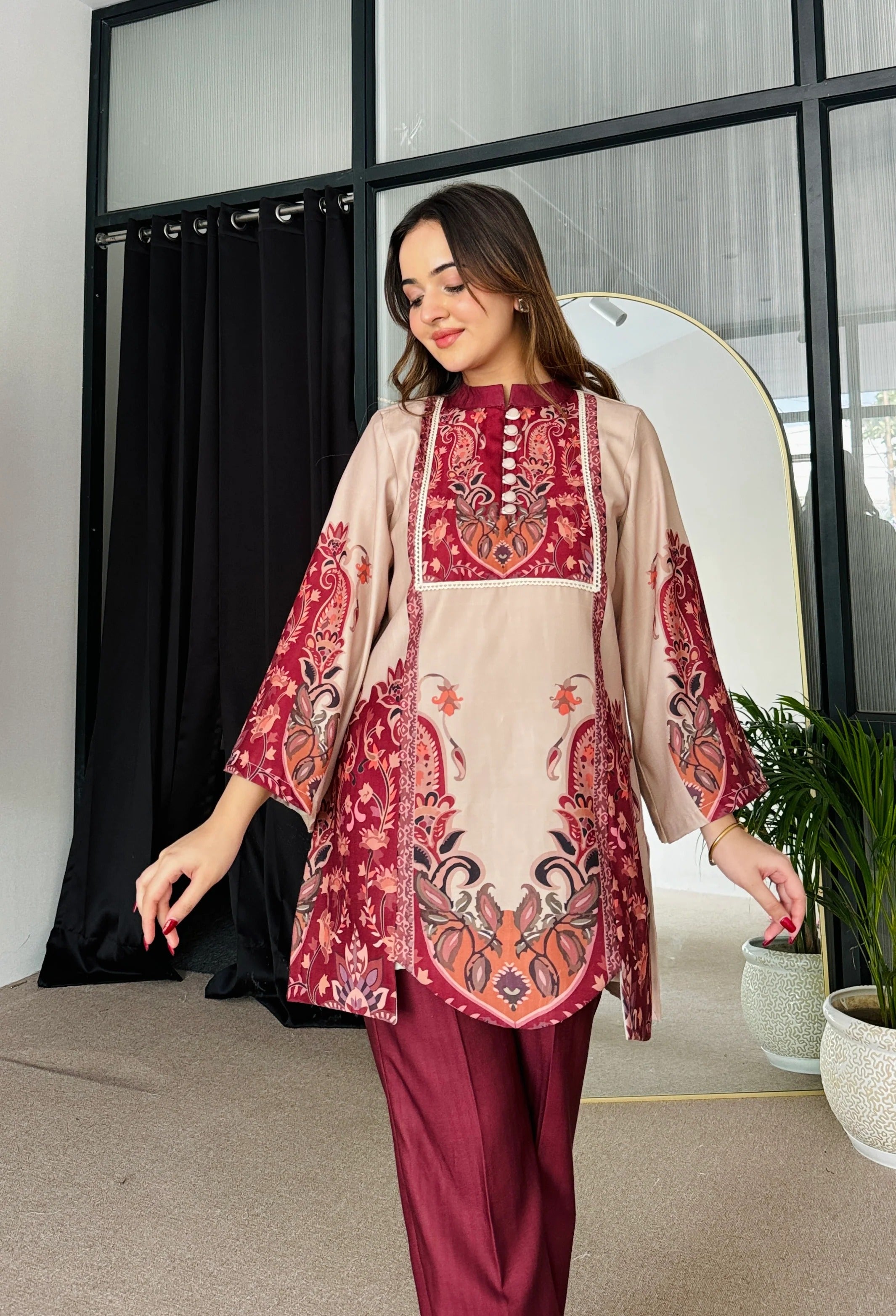 Feriha Beige Bold Winter Pashmina Kurta Set