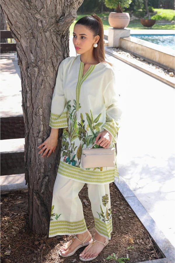 ELEGANT WHITE PRINTED COTTON TWO-PIECE SUIT FOR WOMEN