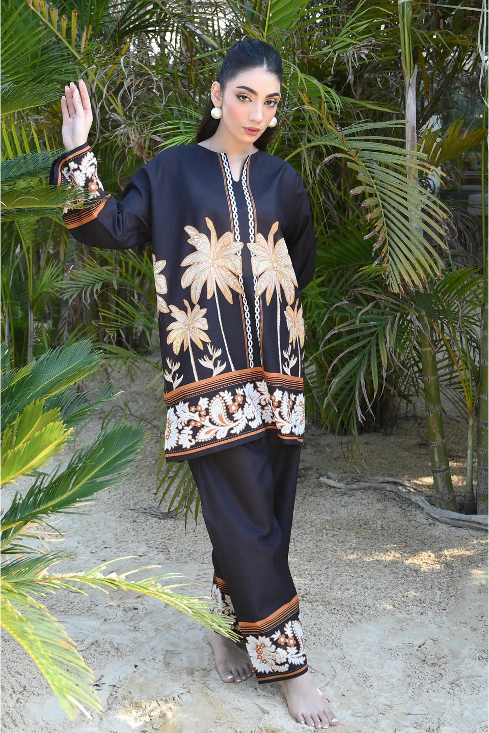 BLACK TROPICAL PRINTED TWO-PIECE COTTON SUIT FOR WOMEN