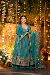 Elegant Embroidered Anarkali Suit Set – Rani Pink & Teal Green
