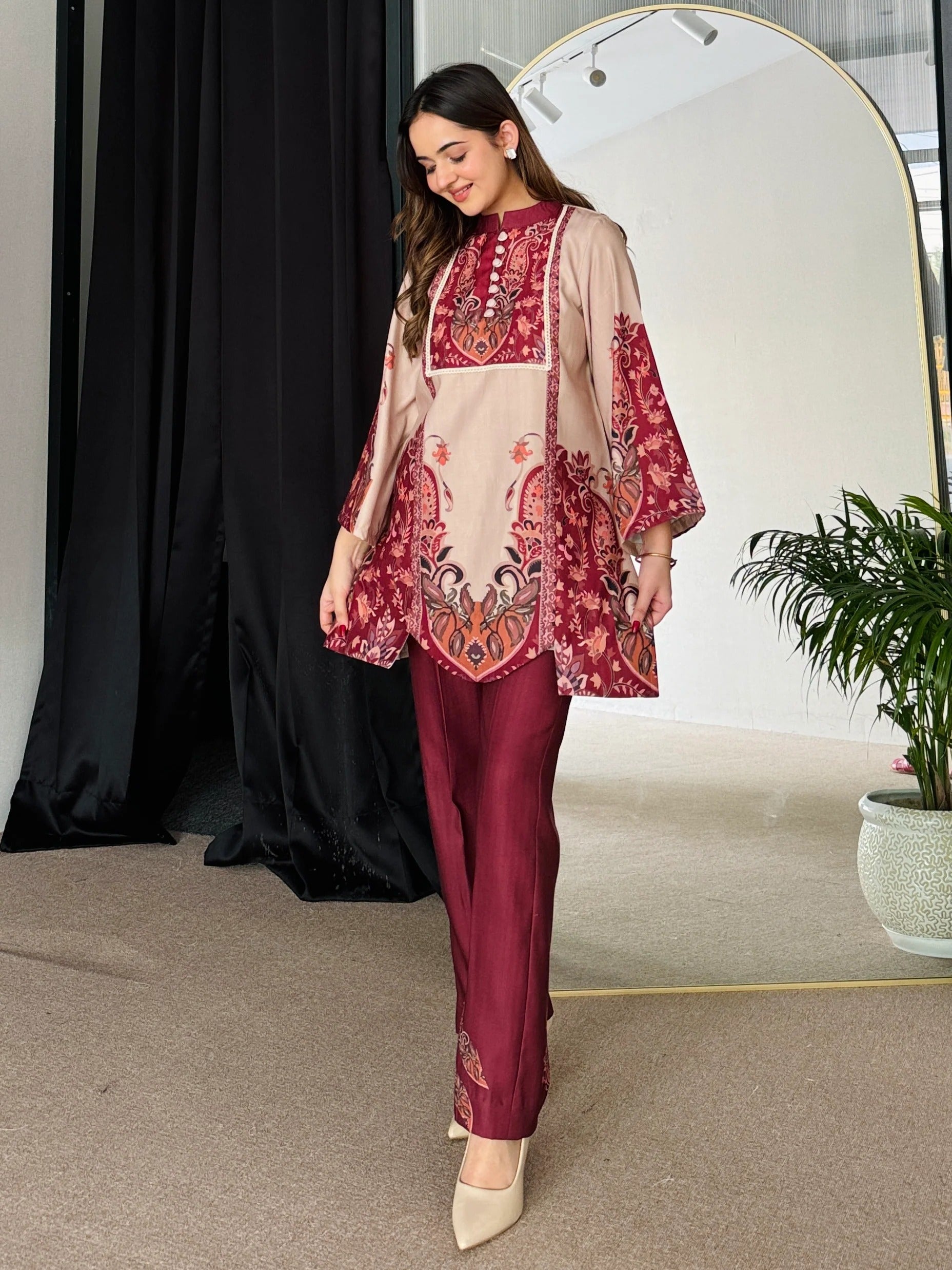 Feriha Beige Bold Winter Pashmina Kurta Set